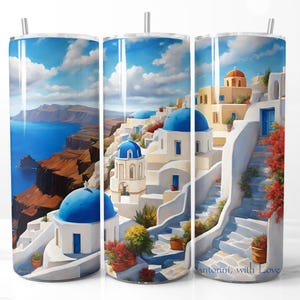 Santorini With Love 20 oz Skinny Tumbler Wrap, Grèce Wrap PNG, cadeau de voyage pittoresque, téléchargement numérique instantané, cadeau pour les amateurs de voyage, bricolage
