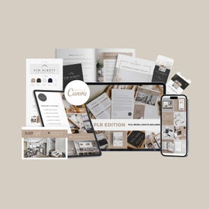 May include: A selection of real estate branding materials, including a tablet, smartphone, business cards, and brochures. The branding features a neutral colour palette with the text "KIM ALBOTT" and "MADE IN Canva". The phrase "PLR EDITION FULL RESELL RIGHTS INCLUDED" is also visible.