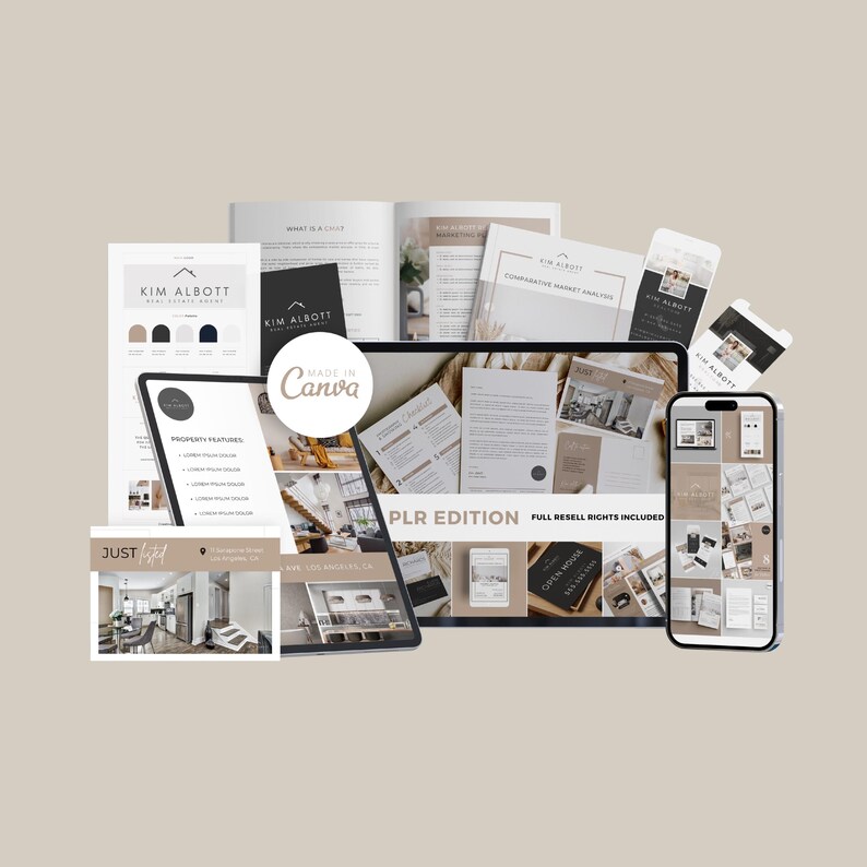 May include: A selection of real estate branding materials, including a tablet, smartphone, business cards, and brochures. The branding features a neutral colour palette with the text "KIM ALBOTT" and "MADE IN Canva". The phrase "PLR EDITION FULL RESELL RIGHTS INCLUDED" is also visible.
