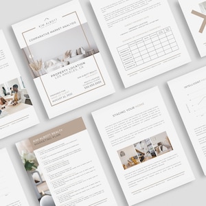 May include: A selection of professionally designed real estate documents, including a comparative market analysis, marketing plan, and pricing strategy. The documents feature a neutral colour palette with images of homes and graphs.