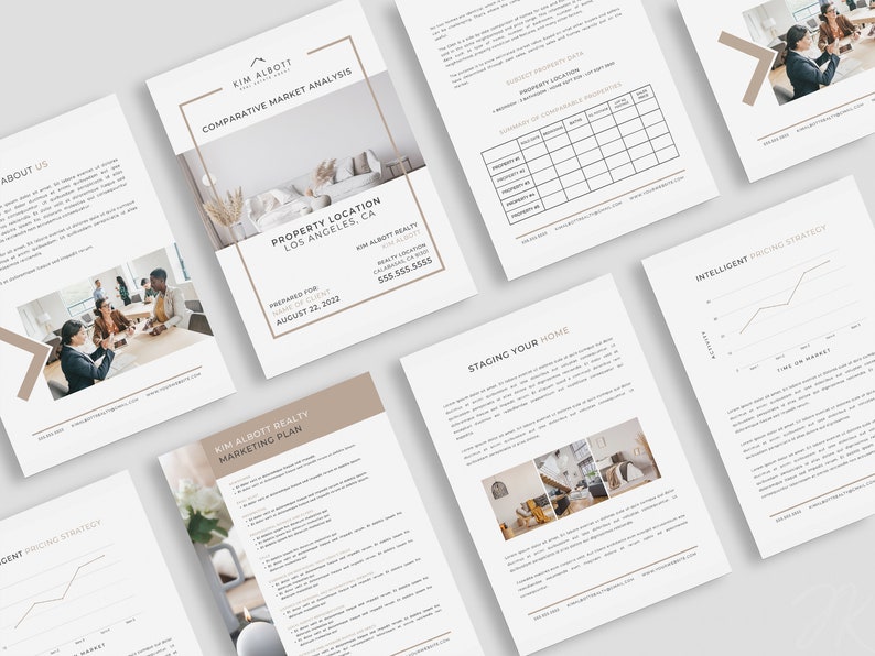 May include: A selection of professionally designed real estate documents, including a comparative market analysis, marketing plan, and pricing strategy. The documents feature a neutral colour palette with images of homes and graphs.