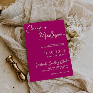 Magenta Minimalist Wedding Invitation Template (Canva Editable, DIY)
