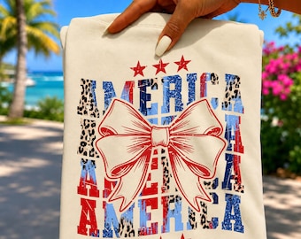 Preppy Patriotic America Bow PNG | Faux Glitter Leopard America Shirt Design | Fourth of July USA PNG | Gift for Patriotic Mom | Digital