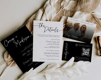 Minimalist Black and White Wedding Invitation Suite: Editable Canva Template (Digital Download)