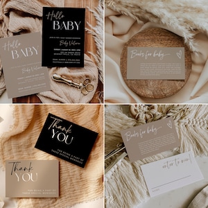 Paquete Boho Baby Shower / Suite de tarjetas de baby shower beige blanco negro / Invitación de ducha mínima / Rifa de pañales / Libros para bebé / Tarjeta de agradecimiento