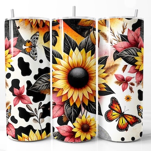 Sonnenblumen und Kuhdruck 20 Unzen Skinny Tumbler Wrap, Western Bauernhaus Sublimationsdesign, sofortiger digitaler Download, rustikale Landästhetik