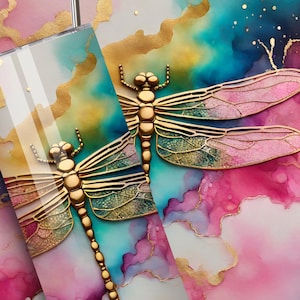 Alcohol Ink Regenbogen Goldfolie Libelle Becherverpackung | 20 Unzen Skinny Tumbler Sublimationsentwurf | Sofortdownload | DIY Tumbler Geschenk für Mama
