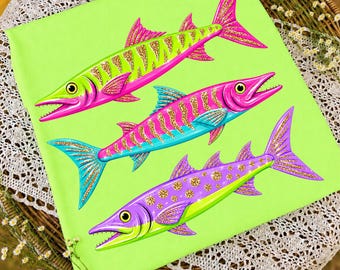 Preppy Summer Faux Glitter Barracuda Fish PNG | Coastal Preppy Fish PNG | Neon Tropical Fishing Shirt Design | Viral Summer PNG | Digital