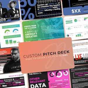 以下が含まれることがあります： グラフ、図、テキストを含むビジネスプレゼンテーションのスライドのコレクション。中央には「CUSTOM PITCH DECK MADE-TO-ORDER | UP TO 30 SLIDES」と書かれた桃色のカードがあります。他のスライドにはデータ視覚化が含まれています。