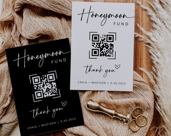 Placa minimalista para fundo de lua de mel: Código QR editável para casamento (modelo Canva 5x7)
