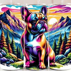 Retro Frenchie Hund in den Bergen 20 Unzen Skinny Tumbler Wrap, Vintage Sunset Sublimationsdesign, sofortiger digitaler Download, französische Bulldogge Wrap