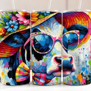 Kleurrijke zomerkoe met omslag zonnebril, png | Retro koekunst | Levendig zomerontwerp | Tumbler Wrap voor 20 oz Skinny Tumbler ALLEEN DIGITAAL