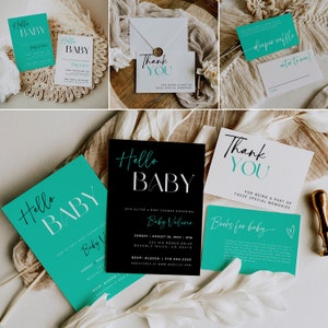 Ontbijt bij babyshowerbundel | Blauwgroen wit zwart babyshower | Doucheuitnodiging | Boho-baby | Luierloterij | Boeken voor baby's | Bedankkaart