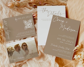 May include: A brown wedding invitation with white text. The invitation reads "the Details" and "Craig + Madison" with the date "09.30.2023" and the time "3PM | SATURDAY". The invitation also includes the location "Parkside Country Club" and the address "222 VIA RODEO DRIVE, BEVERLY HILLS, CA 90210".