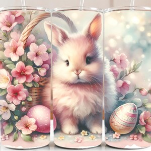 Aquarell Osterhase und Eier Korb 20 Unze Skinny Tumbler Wrap, Frühling Pastell Sublimation PNG, niedliches Urlaub Trinkgefäß DIY Geschenk für Ostern