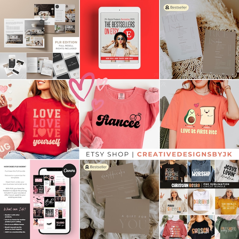 K&ouml;nnte beinhalten: Eine Collage aus Bildern, die verschiedene digitale Produkte zeigen, die auf Etsy erh&auml;ltlich sind. Die Bilder zeigen T-Shirt-Designs, ein digitales Produktpaket, eine Zertifikatsvorlage und ein Grafikdesign f&uuml;r ein Geschenk. Der Text "Etsy Shop | CreativeDesignsByJK" ist am unteren Rand der Collage zu sehen.