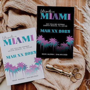 Invitación a fiesta en Miami / Celebración de despedida de soltera / Invitación con ambiente de Miami / Tarjeta de celebración de cumpleaños editable / Plantilla Canva / Tarjetas de neón retro
