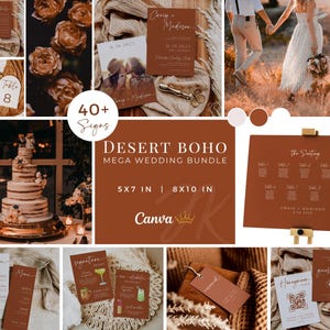 DESERT BOHO Wedding Mega Bundle | Terracotta Signage | Modern RSVP and Place Cards | Ceremony Programs and Menu | Editable Canva Invite Card