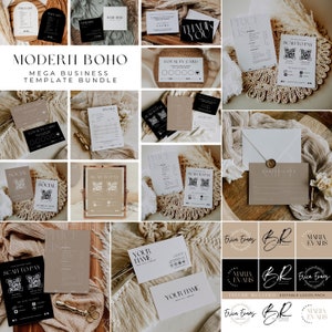 May include: A collection of modern boho business templates, including loyalty cards, price lists, social media cards, and scan-to-pay cards. The templates feature a minimalist design with black and white text on a beige background. The image also includes a set of editable logos with a boho aesthetic.