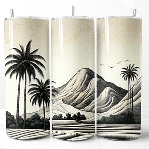 Vintage berg- en palmbomen zwart-wit 20 oz beker wrap, klassieke landschapssublimatie png, rustieke natuur DIY digitale download