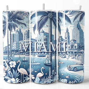 Miami Blue Chinoiserie Toile Szene 20 Unzen Skinny Tumbler Wrap, Vintage Küsten Sublimation PNG, Tropischer Strand DIY Digital Download Florida