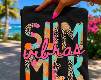 Preppy Summer Vibras PNG | Teal Orange Leopard Summer Shirt Design | Faux Glitter Beach Vacation PNG | Gift for Friend | Digital Download