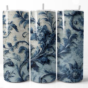 3D Faux Chinoiseries Toile Wrap Design 20 oz Skinny Tumbler Wrap, Toile bleue élégante Sublimation PNG, téléchargement numérique Vintage Floral DIY