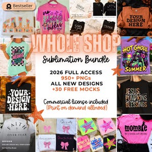 May include: A digital collection of 950+ PNG sublimation designs and 30 mockups for apparel, featuring various graphic prints with text such as Fall, No Dusty Bibles, Hot Ghoul Summer, Jesus Pumpkins Blessings, Faith Over Fear, and Mombie.