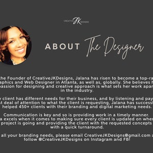 May include: A headshot of a woman with dark brown hair and a warm smile. The text "ABOUT The Designer" is above her headshot. The text below the headshot describes the woman as a top-rated graphic and web designer who has helped over 450 clients with their branding and digital marketing needs. The text also includes her email address and social media handles.