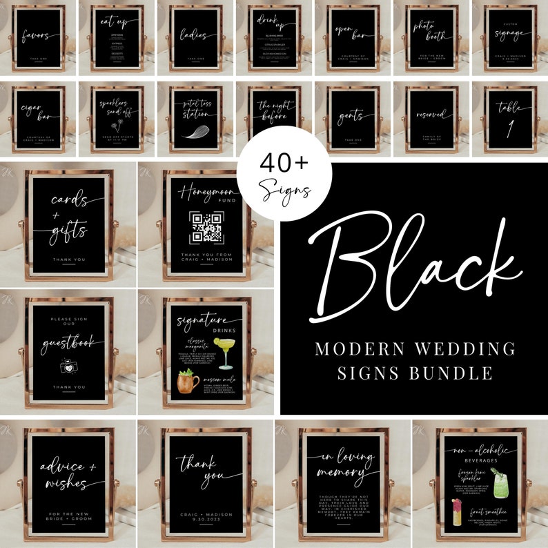 May include: A set of 40+ black and white wedding signs with gold frames. The signs feature various wedding-related phrases and designs, such as "Cards & Gifts", "Guestbook", "Advice & Wishes", "Honeymoon Fund", "Signature Drinks", "In Loving Memory", "Non-Alcoholic Beverages", and "Thank You".
