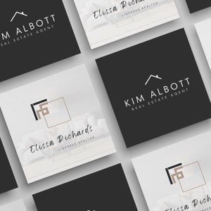 Może przedstawiać: Zbi&oacute;r wizyt&oacute;wek z logo agent&oacute;w nieruchomości. Karty mają minimalistyczny design z czarnym i białym tłem. Loga zawierają ikonę domu oraz nazwiska "Kim Albott" i "Elissa Richards" wraz z ich tytułami.