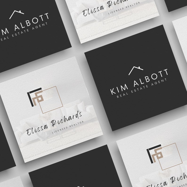Może przedstawiać: Zbi&oacute;r wizyt&oacute;wek z logo agent&oacute;w nieruchomości. Karty mają minimalistyczny design z czarnym i białym tłem. Loga zawierają ikonę domu oraz nazwiska "Kim Albott" i "Elissa Richards" wraz z ich tytułami.