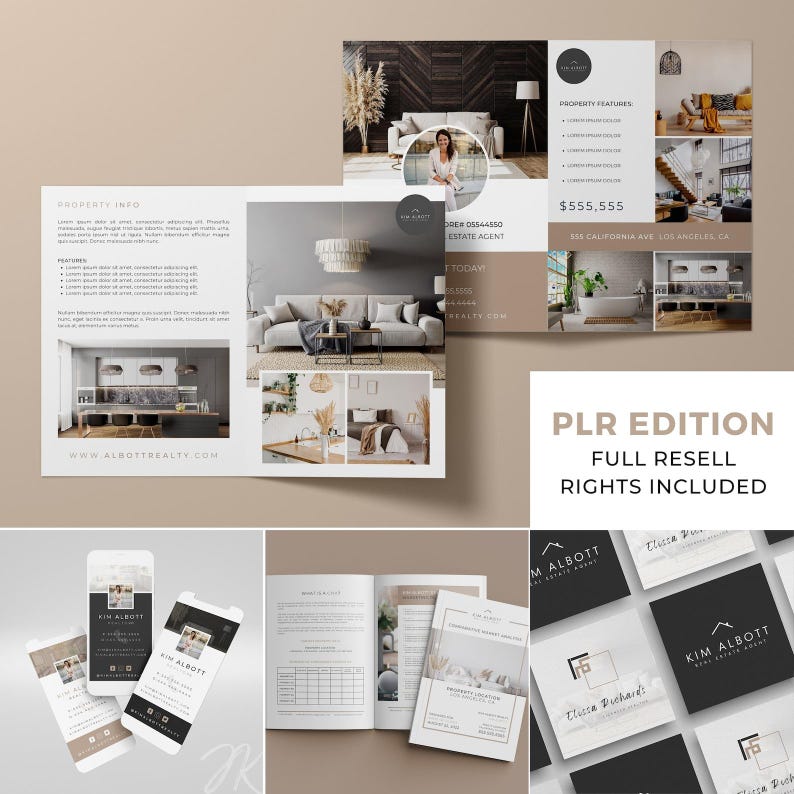 May include: A set of real estate marketing materials, including brochures, business cards, and phone mockups. The brochures showcase interior design photos and property details. The business cards and phone mockups display a realtor's contact information. The text "PLR EDITION FULL RESELL RIGHTS INCLUDED" is visible.