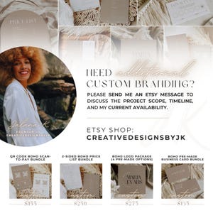 Op de afbeelding: Een advertentie voor branding op maat. De afbeelding toont een vrouw met krullend haar en een wit overhemd, samen met voorbeelden van visitekaartbundels, prijslijsten en logopakketten. Tekst bevat "Heeft u behoefte aan extra branding?" en "Etsy Shop: CreativeDesignsByJK."