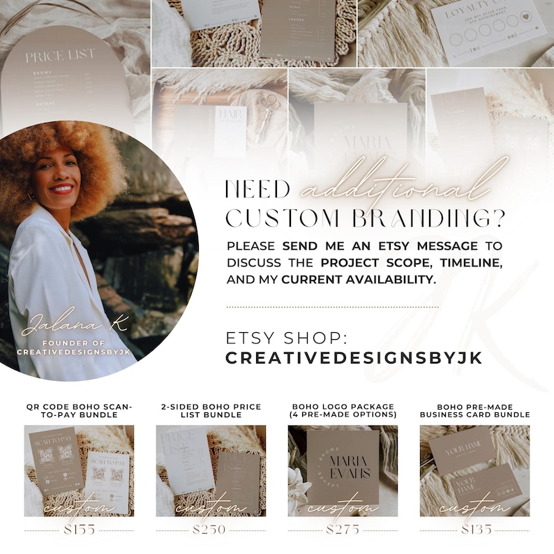 Op de afbeelding: Een advertentie voor branding op maat. De afbeelding toont een vrouw met krullend haar en een wit overhemd, samen met voorbeelden van visitekaartbundels, prijslijsten en logopakketten. Tekst bevat "Heeft u behoefte aan extra branding?" en "Etsy Shop: CreativeDesignsByJK."