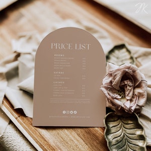 Lista de preços editável Boho | Modelo de arco | Preços de salão de beleza de cílios e sobrancelhas | Boho Small Business Beauty Canva Printable | DOWNLOAD INSTANTÂNEO