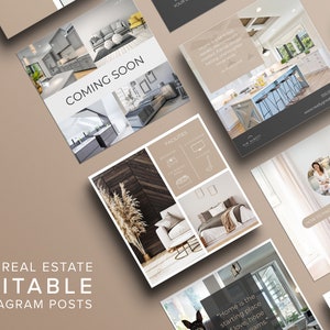May include: A set of 40 editable Instagram post templates for real estate, featuring interior design images and text overlays. The templates include the Canva logo and the phrase "Coming Soon". The colour scheme is neutral, with beige and white tones.
