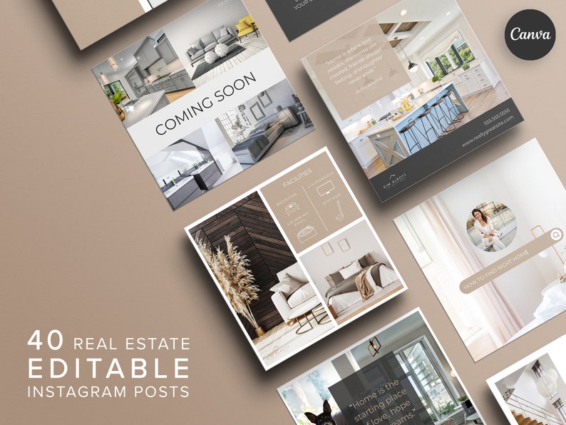 May include: A set of 40 editable Instagram post templates for real estate, featuring interior design images and text overlays. The templates include the Canva logo and the phrase "Coming Soon". The colour scheme is neutral, with beige and white tones.