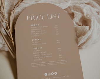 Boho Salon Price List Template: Lashes, Brows, Hair (Canva Printable - 5x7 in)