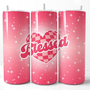 Retro gesegnetes kariertes rosa Herz 20 Unze Skinny Tumbler Wrap, Y2K Sublimation PNG, niedliche christliche Ästhetik DIY, sofortiger digitaler Download