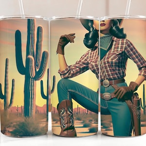 Envoltorio para vaso con diseño de vaquera occidental y cactus del desierto / Diseño de vaso delgado de 20 oz / Regalo para chica de campo, amante de los rancheros y del oeste Regalo para vaso DIY