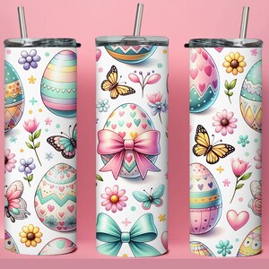 Envoltorio de huevos con temática de Pascua coqueta PNG / Envoltorio de Pascua Envoltorio de vaso delgado de 20 oz con divertidos detalles de huevos y conejitos en colores pastel / Regalo para cazadores de huevos