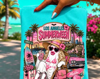 Summerween Los Angeles PNG | Los Angeles Summerween Ghost PNG | California Beach Halloween Shirt Design | Preppy Pink Coastal Ghost Digital