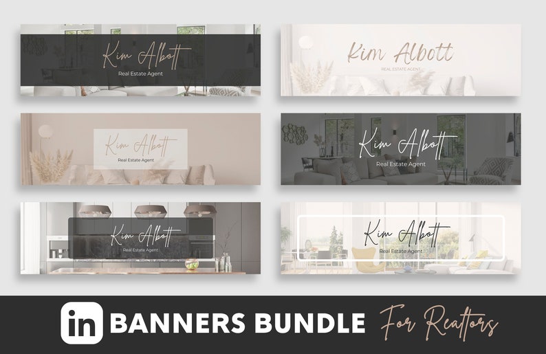 May include: A set of five LinkedIn banner templates for real estate agents. The banners feature a variety of interior design photos with a minimalist aesthetic. The text "Kim Albatt Real Estate Agent" is featured on each banner.