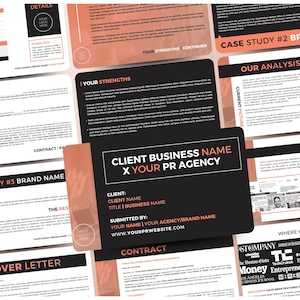 May include: A selection of business documents in black and orange. The documents include a cover letter, case studies, and a client business card. The card features the text "Client Business Name X Your PR Agency."