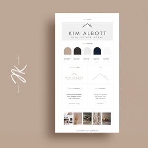 May include: A brand board design for Kim Albott, Real Estate Agent. The design features a logo, colour palette, and typography samples. The colour palette includes shades of beige, black, white, and navy blue. The text "The quick brown fox jumps over the lazy dog" is displayed.