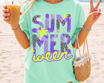 Preppy Summerween PNG | Purple Leopard Summer Design | Trendy Summerween Shirt PNG | Faux Glitter Halloween Summer Vibes | Digital Download