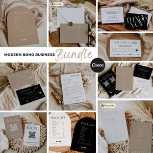 Nowoczesny pakiet MEGA Business Brand Bundle w stylu Boho | Kody QR, cenniki, wizytówki i wiele więcej! | Możliwość edycji w Canva Pro | BEZPŁATNE pakiety logo