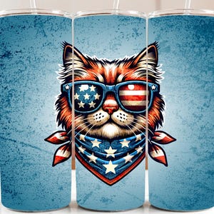 Chat patriotique rustique avec des lunettes de soleil USA 20 oz d'emballage de verre maigre, vintage Americana PNG Design, téléchargement numérique instantané, 4 juillet DIY