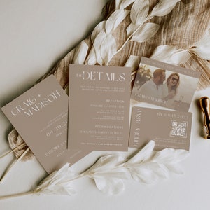 Elegant Wedding Invitation Suite | Boho Beige and White Wedding Set | DIY Editable Canva Template | QR Code RSVP Card | Boho Wedding Signs
